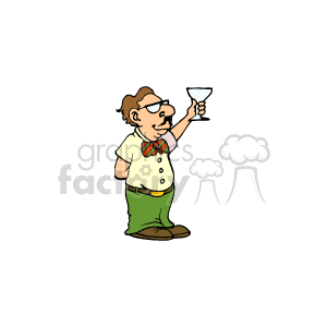 The clipart image depicts a cartoon man raising a glass in a toast. He appears to be a cheerful character, possibly representing a teacher, professor, principal, or simply a man at a celebration. He's wearing a bow tie, glasses, a short-sleeve shirt, and pants with a belt, and he has a slight smile on his face suggesting a festive occasion like a New Year's party or a celebration where cheers and congratulations are in order.