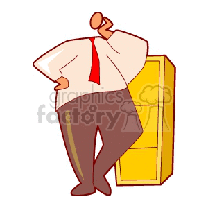 A cartoon illustration of a man in a business suit thinking while leaning on a file cabinet.