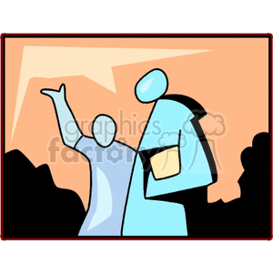 Stylized clipart of two abstract figures walking and talking, one holding a briefcase or book.