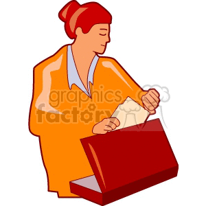 Clipart of a woman with a briefcase, depicting a business or real estate professional, arranging a document.