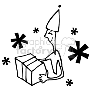   The clipart image depicts a person wearing a party hat and holding a gift box. There are decorative elements that resemble starbursts or fireworks around them, which might represent a festive or celebratory atmosphere typically associated with birthdays. 