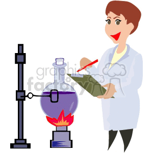 Clipart image of a scientist working in a lab with a burner and flask.