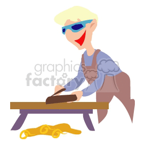 Cartoon illustration of a person working as a carpenter, wearing sunglasses and using a planer on wood with shavings on the floor.