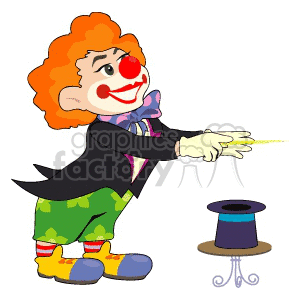 A cartoon clown performing a magic trick with a hat, featuring a red nose, big hair, and colorful attire.