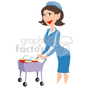 Clipart image of a flight attendant in a blue uniform pushing a drink cart with cups and straws.