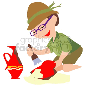 Clipart of an archaeologist excavating pottery using a brush, with pottery pieces and an urn nearby.