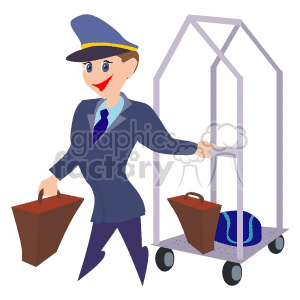 Clipart of a bellboy pushing a luggage cart with bags.