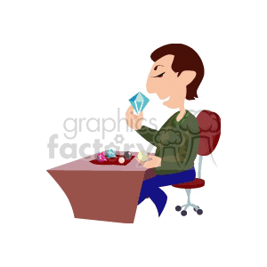 A jeweler examining a large diamond at a desk filled with various gemstones.