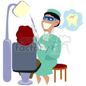 Clipart image of a dentist working on a patient, with dental tools and a thought bubble showing a tooth.