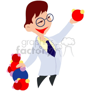 Clipart of a scientist in a lab coat holding colorful molecular models.