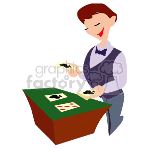 Clipart image of a casino dealer holding playing cards at a blackjack table.