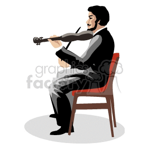 Clipart image of a man in a black suit playing the violin while sitting on a red chair.