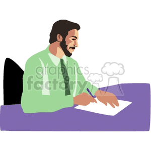 Clipart image of a man sitting at a desk writing on a piece of paper. The man is wearing a green shirt and tie.