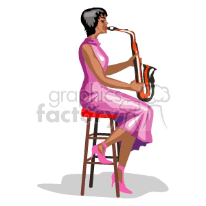 Clipart image of a woman in a pink dress playing the saxophone while sitting on a stool.