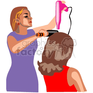 A clipart image of a hairstylist blow-drying a client's hair.