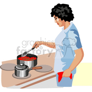 Clipart image of a person cooking in a kitchen, stirring food in a pot on a stove.