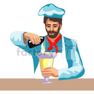 Clipart image of a chef wearing a chef's hat and apron, pouring liquid from a bottle into a large glass.