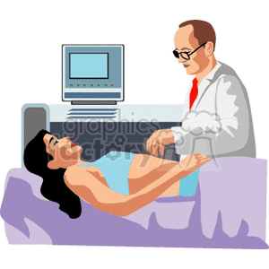 Clipart image of a doctor performing an ultrasound examination on a woman lying on a bed.