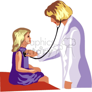 Clipart of a medical professional using a stethoscope to check a young girl's heartbeat.