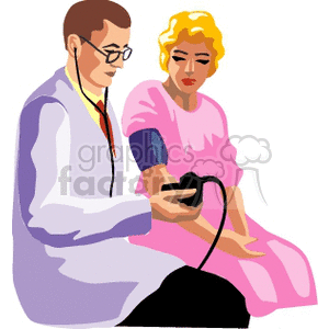 A clipart image showing a doctor measuring the blood pressure of a patient using a sphygmomanometer.