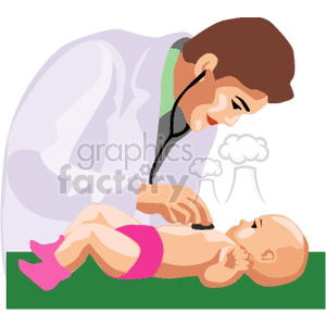 Clipart image of a doctor examining a baby with a stethoscope, emphasizing pediatric care.