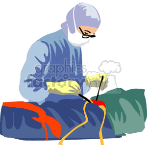 Clipart image of a surgeon in a blue gown and cap, wearing yellow gloves and a mask, performing a surgical procedure. The patient is lying on an operating table covered with a green drape.