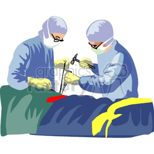 An illustration of two surgeons performing an operation in an operating room. The surgeons are dressed in surgical gowns, masks, and gloves, and are using surgical instruments.