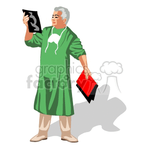 A clipart image of a medical professional dressed in green scrubs holding a medical X-ray and a red folder.