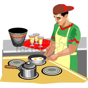 Clipart image of a person cooking in a kitchen, frying eggs on a stove while wearing an apron and a red cap.