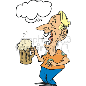   The image is a colorful cartoon-style clipart that shows a character who appears to be inebriated, holding a large mug of beer. The beer mug is frothing over, and the character has a large grin, squinted eyes with stars spinning around his head, indicating dizziness or intoxication. Above the character