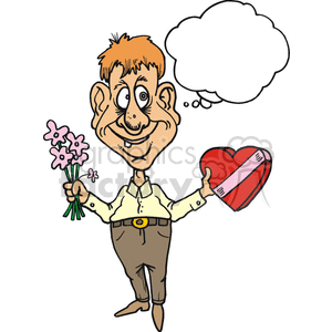 Cartoon Man Holding Flowers and Heart-Shaped Box