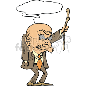 Clipart image of an old man with a walking stick, looking angry or frustrated. He is bald, wearing a suit and tie, and there is a thought bubble above his head.