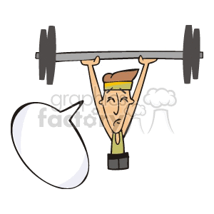 Clipart image of a man lifting a heavy barbell over his head with a speech bubble next to him.