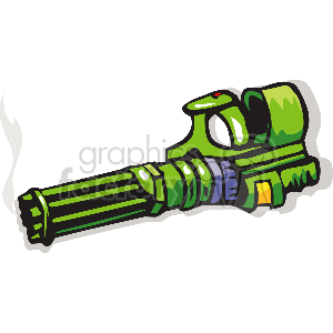 The image shows a stylized cartoon illustration of what appears to be a futuristic laser gun, possibly of the type used in science fiction settings. The gun has a green and black color scheme and is emitting smoke, indicating that it has recently been fired.