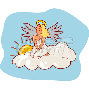 A clipart image of an angelic woman with wings and a halo, sitting on a cloud with sunlight beams in the background.