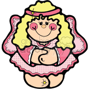 This clipart image displays a country-style female cartoon character designed to represent a young angel. The angel has curly hair under a hat with a flower accent, blushing cheeks, and a gentle smile. Her attire includes a pink dress with white and pink wings visible from the back, suggesting peace and innocence. The angel is also depicted with her hands together in front of her.