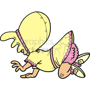 A Little Baby Crawling wearing a Yellow Bonnet Dress and Bloomers 