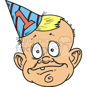 Cartoon illustration of a baby wearing a birthday party hat with the number one.