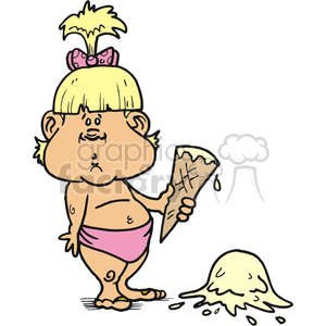 A cartoon toddler girl is standing with a sad expression, holding an empty ice cream cone next to a spilled scoop of ice cream on the ground.