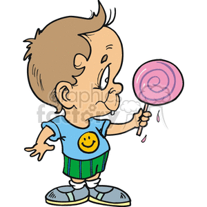 A Small Boy Wearing a Smiley face Shirt Holding a Pink Lollipop
