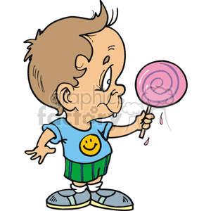 A cartoon toddler with a smiley face shirt holding a large pink lollipop.