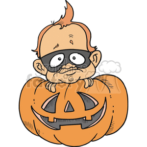 Cartoon of a baby wearing a mask, smiling inside a jack-o'-lantern pumpkin costume.