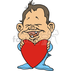 The clipart image shows a happy baby boy wearing blue pajamas and smiling while showing his tooth and holding a large red heart. Overall, the image portrays a joyful and loving moment with a cute, smiling baby.