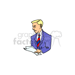 The clipart image depicts a man wearing a business suit with a red and blue striped tie. He appears to be a professional, possibly a lawyer or businessman, reading or reviewing documents. His attire suggests formality, implying a serious work-related context. The style is a simple, flat design typical of clipart used for professional presentations, websites, or printed materials.