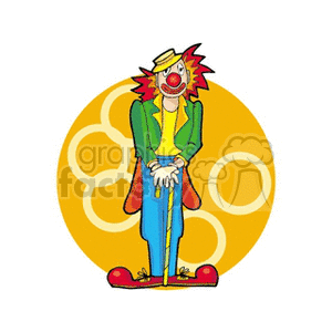 A colorful circus clown cartoon with a red nose, hat, and oversized shoes holding a cane against a yellow circular background with rings.