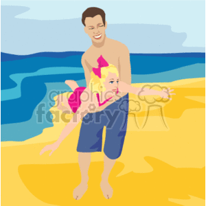 The image is a clipart illustration of a family moment at the beach. It depicts an adult, possibly a father, standing on the sand with a smile, holding a young child wearing a pink floatation device or swimming wings. The child appears joyful with arms outstretched. In the background, there is the ocean with waves and a hint of sky above.