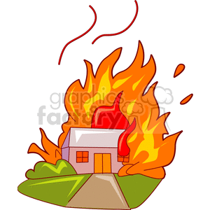 A clipart illustration of a house engulfed in flames, with bright orange and red fire surrounding it.