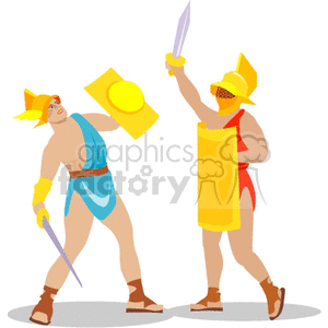 A clipart image depicting two gladiators in combat, each holding swords and shields. The gladiators are dressed in colorful, traditional attire characteristic of ancient Roman fighters.