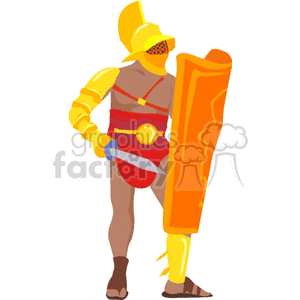 Clipart of a medieval gladiator fighter with helmet, shield, and sword.