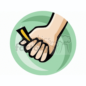 Clipart image of a hand holding a small rectangular object in a clenched grip within a green circle.